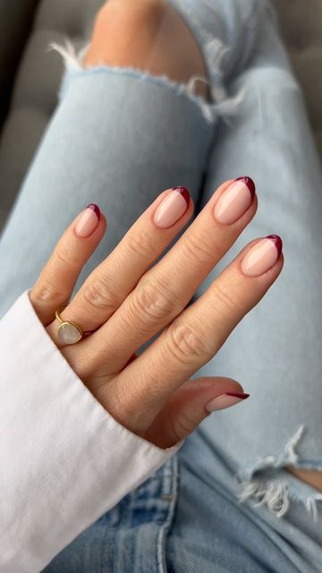 Almond Nail French Tip Color, Thick Fluffy Eyebrows, Old Fashion Nails, Short Almond French Tip Nails Color, French Nails Colored Tips, Plum French Tip Nails, French Nails Colour, French Colored Tips Nails, Coloured French Nails