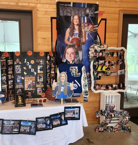 Softball Senior Table Ideas, Senior Picture Boards Photo Displays Sports, Senior Night Table Display Basketball, Senior Night Table Display, Senior Memories, Basketball Table, Senior Table, Pink Graduation Party, Grad Party Theme