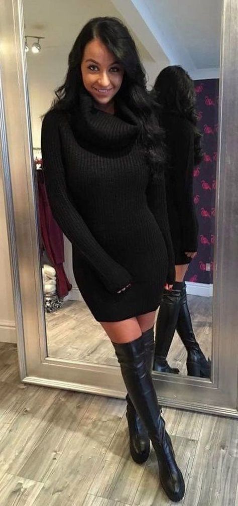 Winter Wonderland Dress, Fuzzy Sweater Outfit, High Boots Outfit, Turtleneck Sweaters, Winter Dress Outfits, Ladies Turtleneck Sweaters, Turtleneck Sweater Dress, Long Sleeve Sweater Dress, Girls Sweaters