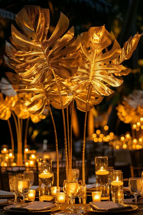 Elegant Jungle Party, Golden Gala Theme, Gold Centerpiece Ideas, Thunder Power, Plant Space, Summer Wedding Decor, Diwali 2024, Gold Centerpiece, Egyptian Wedding