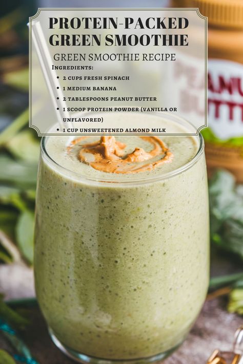 Fuel your day with this protein-packed green smoothie! Made with spinach, banana, peanut butter, and protein powder, it’s a creamy, nutritious drink. #proteinsmoothies #greensmoothierecipes #smoothierecipeshealthybreakfast Spinach Oatmeal Smoothie, Hemp Protein Powder Recipes Smoothie, Healthy Protein Shakes Recipes, Wellness Smoothie Recipes, Macha Smoothie Recipes Healthy, Truvani Protein Powder Smoothie Recipes, Spinach And Kale Smoothie, High Protein Green Smoothie, Banana And Spinach Smoothie