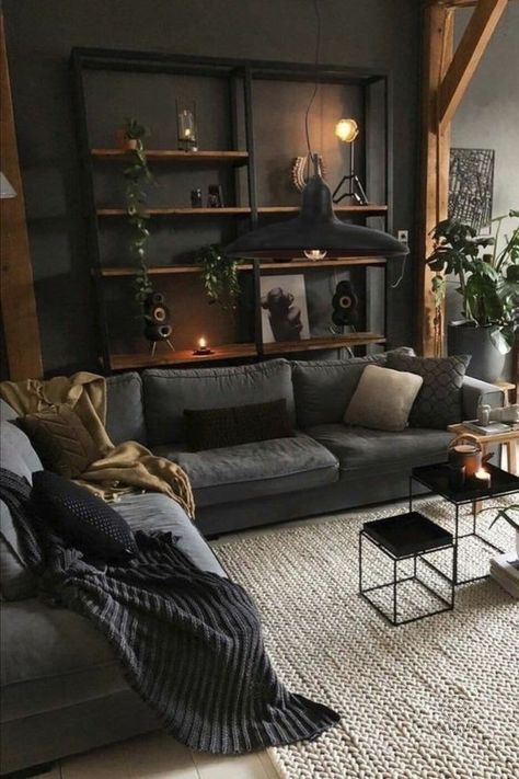 Black Living Room Decor, Dark Living Rooms, Dark Home Decor, Black Living Room, Style Deco, Ideas Living Room, Decor Minimalist, Living Room Decor Apartment, A Living Room