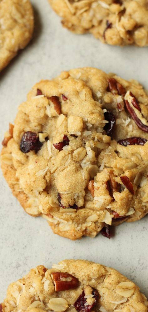 These vegan Coconut Pecan Cookies are chewy and sweet with the perfect amount of crunch. Make these cookies in one bowl in under 30 minutes. Vegan Butter Pecan Cookies, Vegan Pecan Recipes, Pecan Flour Cookies, Vegan Banana Cookies, Vegan Pecan Pie Bars, Cookies With Cranberries, Vegan Christmas Cookies Recipes, Vegan Oatmeal Raisin Cookies, Coconut Pecan Cookies