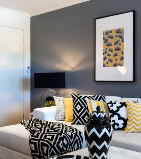 best-color-for-living-room-walls-white-corner-sofa-grey-walls-yellow-printed-throw-pillows-black-white-vase Grey And Yellow Living Room, Yellow Decor Living Room, Furnitur Ruang Keluarga, Black And White Living Room, Yellow Living Room, Black And White Decor, White Living, White Living Room, Living Room White