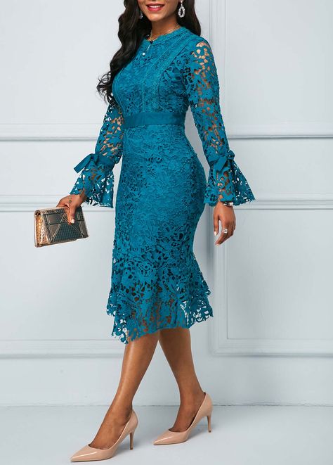 Peacock Blue Flare Sleeve Asymmetric Hem Lace Dress | Rotita.com - USD $43.06 Lace Flare Dress Styles, Dentelle Dress, Trendy Lace Dresses, Long Flare Dress, Renda Kebaya, Lace Dress Outfit, Lace Dress Classy, Lace Dress Design, Lace Dress Styles