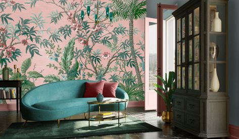 2022 Color Trends - Labrador Interiors Bathroom Wall Mural, Miami Decor, Suite Room, Lush Jungle, Murs Roses, Jungle Design, Window Mural, Hall Ideas, Palm House