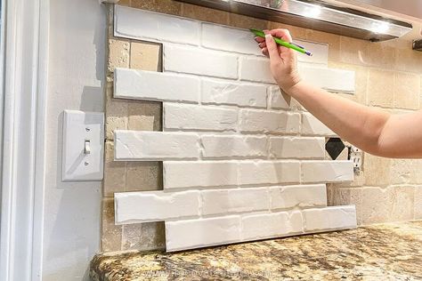 Paneling Backsplash, Whitewash Brick Backsplash, Painted Brick Backsplash, White Brick Backsplash, Brick Veneer Panels, Faux Brick Backsplash, Panels For Walls, Brick Bathroom, Faux Brick Wall Panels