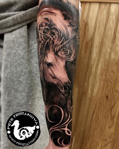 Black and gray unicorn tattoo Unicorn Tattoo Sleeve, Dark Unicorn Tattoo, Tiffany Tattoo, Tattoo Unicorn, Scottish Unicorn, Unicorn Tattoo Designs, Scottish Tattoos, Dark Unicorn, Animal Sleeve