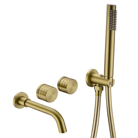 Brushed Gold Bathtub Mixer Tap Bath Filler Spout and Handheld Shower, All Brass Wall Mounted Bathtub Hot and Cold Mixer Tap Spout Handheld Shower Head Faucet, Brass Brushed Gold Luxe Wall mounted bath/shower mixer tap with the valve is a superior quality system. Each part is made from solid Brass and finished in Brushed Gold. Featuring an easy to use dual shower valve which has the option of switching between the spout or shower.Comes as a complete set. Matching shower Set in stock. Brand New in Box,Ready to ship Model: 17-158 Function: bathtub spout with shower head All G1/2" connection size   Number of Handles:2 Handle Cartridge Type: Ceramic Cartridge Superior Quality Standard UK connections Complete set includes valve - spout - handheld Solid Brass With Brushed Gold Finish Works With H Gold Bathtub, Bathtub Spout, Bathroom Bathtub, Bath Shower Mixer Taps, Shower Faucet Sets, Bath Shower Mixer, Bath Mixer, Shower Mixer, Brass Bathroom