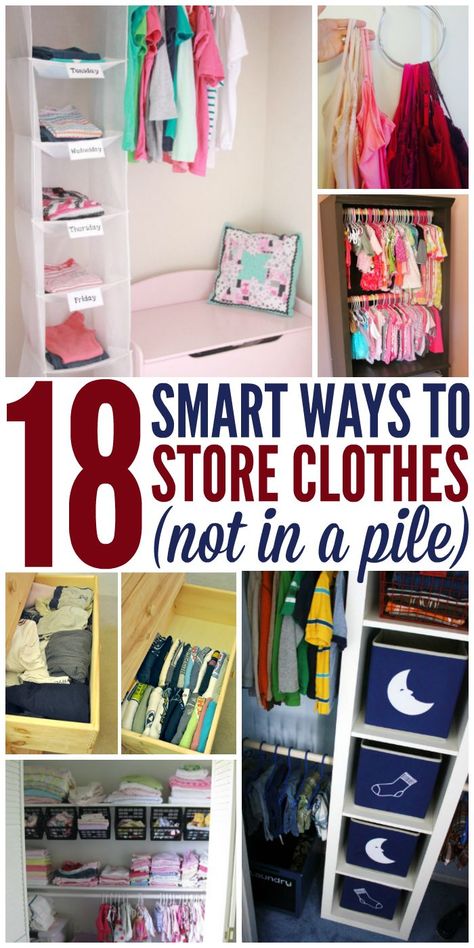 Boy, do I need to try these clothing storage ideas! (Not In a Pile) Ways To Store Clothes, 40s Decor, Small Space Clothing Storage, Clothes Storage Ideas, Clothes Organization Small Space, Kids Clothes Storage, Small Closet Organization Bedroom, Kids Clothes Organization, Closet Small Bedroom