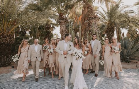 Champagne Bridesmaid And Groomsmen, Wedding Party Neutral Colors, Tan Suit Champagne Dress, Champagne Wedding Bridal Party, Neutral Bridesmaid Dresses With Groomsmen, Beige Bridesmaid Dress With Groomsmen, Groomsman Color Scheme, Champagne Wedding Scheme, Champagne Bridal Party Attire