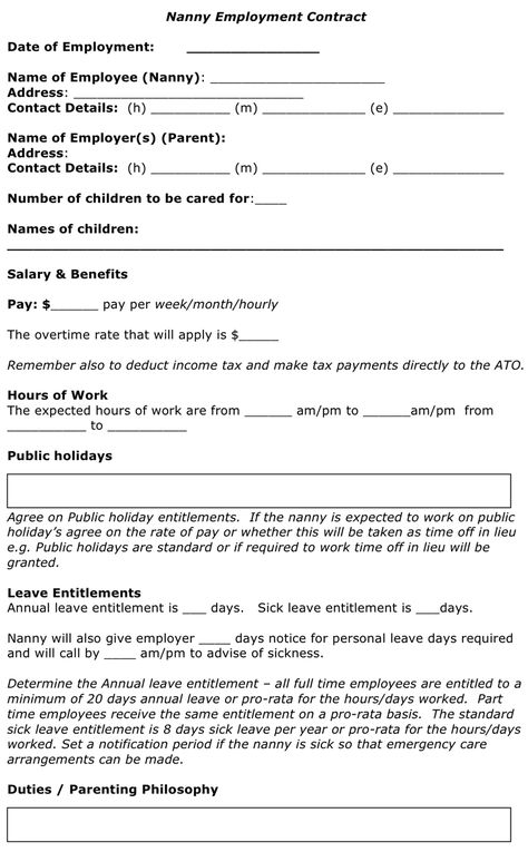 Nanny Employment Contract Babysitting Contract, Nanny Binder Printables Free, Babysitting Contract Template, Employment Contract, Nanny Agency Business Plan, Nanny Application, Nanny Contract Template, In Home Childcare Contract, Daycare Contract Forms