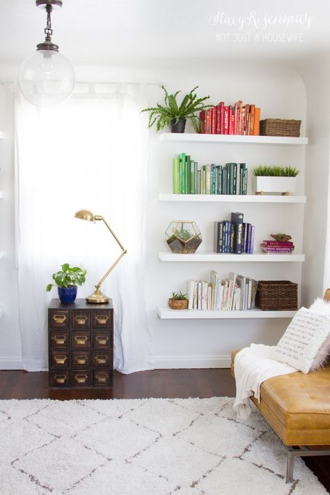 Beautiful multi-purpose room - a playroom, reading room, an office all in one via @stacyrisenmay Bedroom Divider, Floating Shelves Bedroom, Floating Shelves Living Room, Family Room Colors, Floating Bookshelves, Floating Shelves Bathroom, Living Room Decor Rustic, Multipurpose Room, Floating Shelves Diy