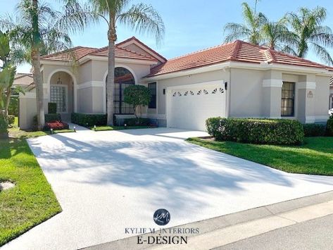 Exterior, red terra cotta tile orange roof with greige stucco and off-white trim and garage door. Kylie M Interiors Edesign, online paint colour consultant. Best exterior paint colors Terracotta Roof House, Florida Homes Exterior, Kylie M Interiors, Red Roof House, Best Exterior Paint, Outside Paint, Tile Roof, Homes Exterior, Exterior House Paint Color Combinations