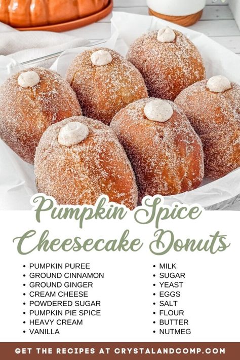 Pumpkin Spice Cheesecake Donut Recipe - CrystalandComp.com Cheesecake Donut, Pumpkin Donuts Recipe, Spice Cheesecake, Pumpkin Spice Cheesecake, Pumpkin Bread Pudding, Pumpkin Spice Donut, Fall In Love Again, Pumpkin Spice Recipe, Donut Recipe