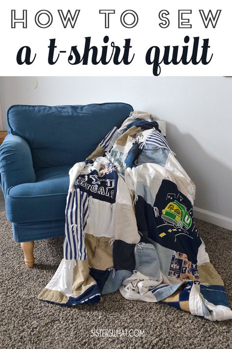 This t-shirt quilt is easy to sew made out of old t-shirts and jeans. It's a great way to refashion and save old shirts.... ... #tshirtquilt #jeanquilts #shirtquilt #ragquilt #howtosew #sewingproject Quilt Out Of Old Shirts, Easy T Shirt Quilt, Blanket Made From Old Shirts, Tshirt Quilt Backing Ideas, Diy Memory Quilt, T-shirt Blanket, Things To Do With Old T Shirts, Diy Tshirt Quilt, How To Make A T Shirt Quilt