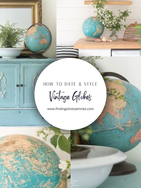 Vintage Globes - How to Decorate with them and How to Date them | Finding Silver Pennies #vintage #globes #homedecor #findingsilverpennies Decorating With Globes, Old Globe Ideas Diy Projects, Vintage Globe Decor, Globes Decor, Globe Diy Projects, Globe Upcycle, Globe Display, Table Tray Decor, Globe Diy