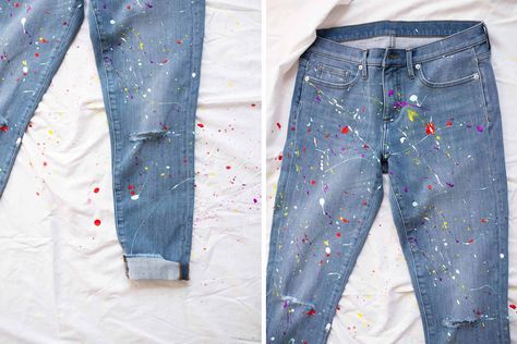 A Fun How-To: Splatter Paint Your Jeans - The Mom Edit Denim Painting, Diy Distressed Jeans, Mom Edit, Paint Splatter Jeans, Painted Clothes Diy, Diy Jeans, Wardrobe Goals, Splatter Paint, Painted Jeans