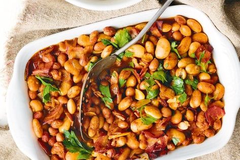 Spiced oven-baked beans with pancetta Low Gi Recipes, Baked Bean Recipe, Creamy Potato Bake, Gi Recipes, Pancetta Recipes, Low Gi Foods, Bean Recipe, Canned Butter, High Fibre