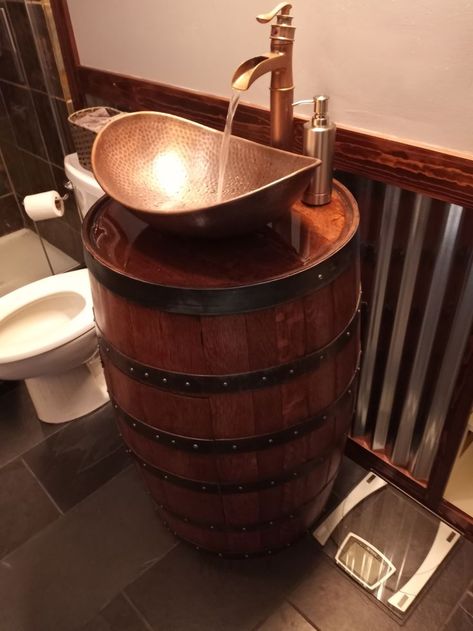 Whiskey Barrel Vanity, Whiskey Barrel Bathroom Vanity, Whiskey Barrel Sink Bathroom, Whisky Barrel Ideas, Hobbit Bathroom, Wine Barrel Sink Bathroom, Barrel Bathroom Sink, Barrel Sink Bathroom, Speakeasy Bathroom