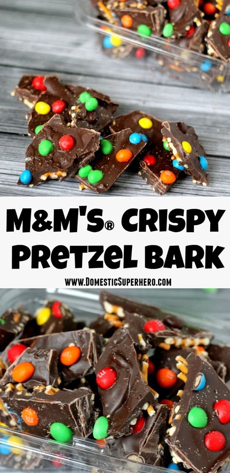 M&M's® Crispy Pretzel Bark - Delicious milk chocolate mixed with salty pretzels and M&M's® Crispy snacks - easy and delicious! Chocolate Covered Pretzel Bark, Candy Bark Recipes, Almond Bark Recipes, Salty Pretzels, Bark Candy, Christmas Bark Recipes, Crispy Snacks, Pretzel Bark, Favorite Christmas Desserts