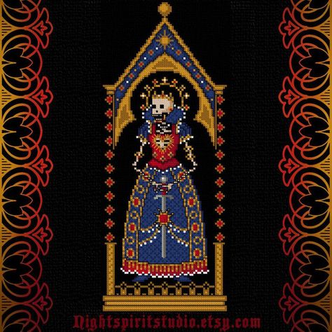 Jeweled Skeleton, Goth Cross Stitch, Skeleton Queen, Scandinavian Cross Stitch Patterns, Gothic Cross Stitch, Goth Cross, Skeleton King, Grid Patterns, Medieval Gothic