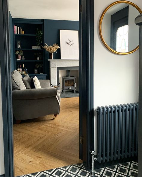 Transition into dark blue living room. Hague blue living room design Navy Skirting Boards, Dark Blue Sitting Room, Navy Panelled Living Room, Hague Blue Hallway, Colour Drenching Living Room, Farrow And Ball Hague Blue Living Rooms, Navy Alcove Living Rooms, Stiffkey Blue Living Rooms, Dark Blue Alcoves