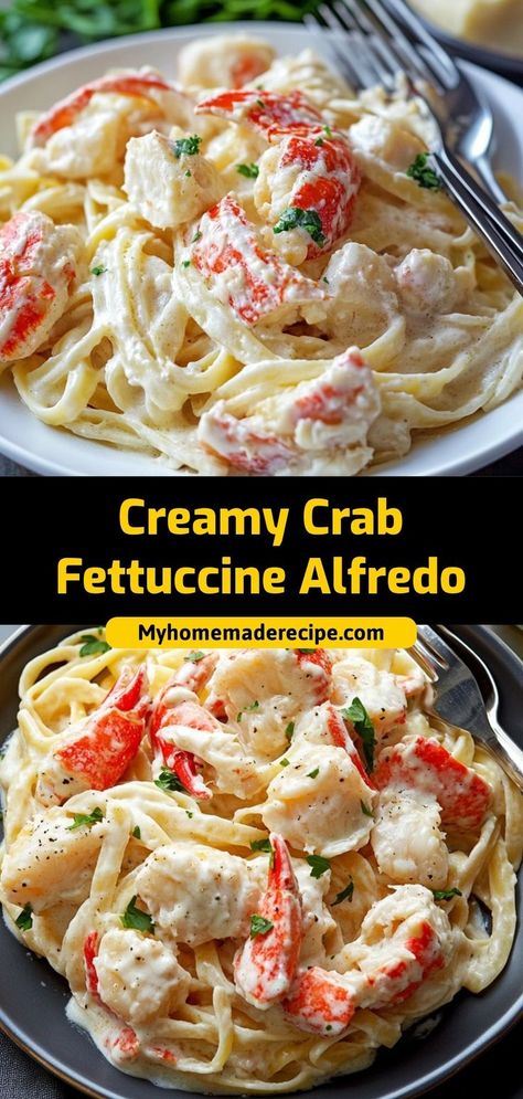 This creamy crab fettuccine alfredo is rich, savory, and filled with tender crab meat. A luxurious pasta dish! Ingredients: 1 lb fettuccine 1 cup heavy cream 1 cup crab meat ½ cup grated parmesan Serve this creamy crab alfredo for a special, indulgent meal What To Make With Imation Crab, Crab And Spinach Pasta, Shrimp Crab Alfredo Pasta, Red Lobster Crab Linguini Alfredo, Crab Pasta Dishes, Dungeness Crab Pasta, Blue Crab Pasta, Seafood Alfredo Recipe Crab And Shrimp, Crab Pasta Sauce