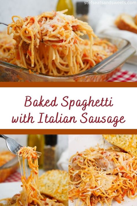 Baked Spaghetti with Italian Sausage | Easy dinner idea! Made with canned tomatoes for a budget friendly recipe! #italiansausage #bakedspaghetti Spaghetti With Italian Sausage, Italian Sausage Casserole, Easy Baked Spaghetti, Baked Spaghetti Recipe, Sausage Tortellini, Best Macaroni Salad, Marinara Sauce Recipe, Spaghetti Dinner, Italian Sausage Recipes