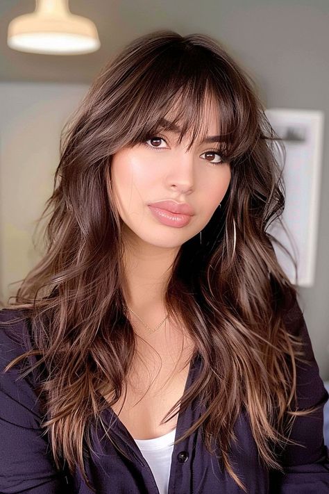 Feathered Bangs With Layers, Haircut For Thick Hair With Bangs, Feather Bangs Long Hair, Fringe Layered Hair, Fluffy Bangs Long Hair, Feathered Fringe Hairstyle, Feathered Bangs Long Hair, Long Feathered Hairstyles, Fringes For Long Hair