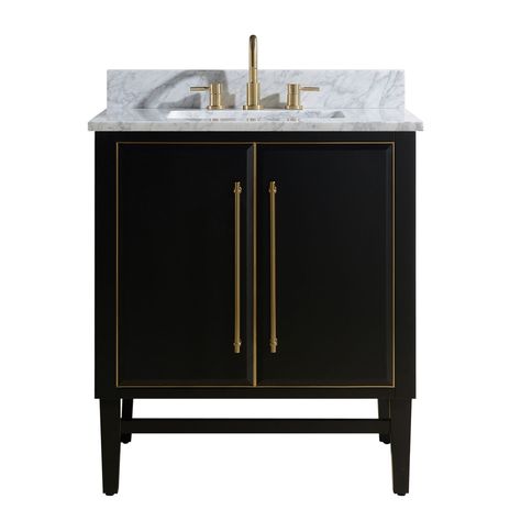 Avanity Black 31 Inch Bath Vanity Set With Gold Trim And Carrara White Marble Top Mason Vs31 Bkg C | Bellacor Bathroom Basement, Shower Combo, Portland Street, Art Deco Vanity, Art Deco Bathroom, Deco Bathroom, Wood Drawer, Marble Vanity, Marble Sinks