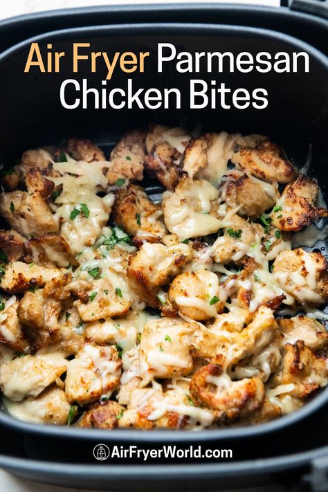 Air Fryer Chicken Bites with Garlic, Parmesan {EASY} | Air Fryer World Garlic Parmesan Chicken Bites, Air Fryer Parmesan Chicken, Parmesan Chicken Bites, Air Fryer Chicken Bites, Air Fryer Garlic Parmesan Chicken, Chicken Bites Recipes, Air Fryer Garlic, Plats Healthy, Air Fryer Oven Recipes