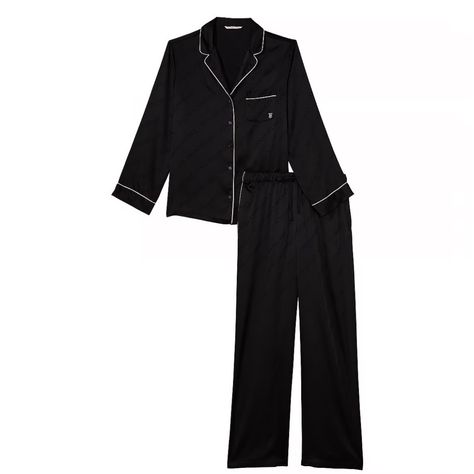 Victoria's Secret Satin Long Pajama Set Color: Black Size: L Regular Washed Once But Never Worn (I Washed Before I Tried It On And Needed A Smaller Size) Includes Top And Bottom Romper Outfit With Jacket, Long Romper Outfit, Vs Pajamas, Pajamas Aesthetic, Satin Pant, Black Pajamas, Victoria Secret Outfits, Cute Pjs, Victoria Secret Pajamas