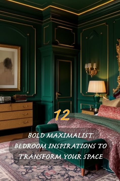 Step into a realm of luxury with this stunning bold maximalist bedroom design. The deep green walls paired with elegant gold accents create a rich, inviting atmosphere. I love how the varied textures and colors blend beautifully, making the space feel both cozy and opulent. Explore these inspiring ideas to transform your own bedroom into a statement of style and comfort! Jewel Tone Green Bedroom, Tarrytown Green, Deep Green Walls, Maximalist Bedrooms, Maximalist Bedroom Ideas, Jewel Tone Green, Japandi Dining Room, Hotel Style Bedroom, Organic Modern Kitchen