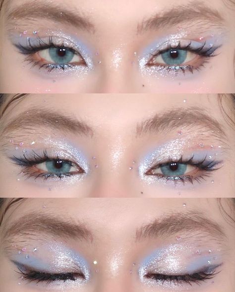 Icy Blue Eye Makeup, Icy Blue Makeup, Ethereal Makeup Tutorial, Snowy Makeup, Baby Blue Makeup, Cosmic Makeup, Snow Makeup, Black Eyeliner Makeup, Shine Makeup