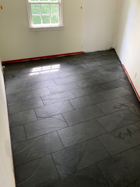 MSI montauk black slate with Prism Grout in “Charcoal”. Laid out wirh 1/3 offset. Sealed with 511 Seal & Enhance. Black Tile Floor With Black Grout, Black Tile Bedroom Floor, Charcoal Bathroom Tile, Slate Tile Floors, Black Slate Kitchen, Slate Floor Tile, Charcoal Tile Bathroom Floor, Black Flooring Kitchen, Dark Floor Tile