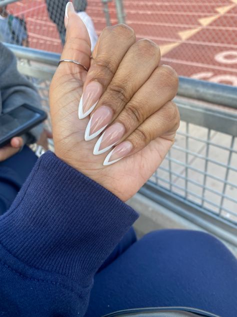 French Tips, V shaped, white, med length V Manicure French Tips, Angled Tip Nails, Arrow French Tip Nails, White Tips On Almond Nails, V French Almond Nails, Double V French Tip Nails, Almond V French Tip Nails, Sharp Almond French Tip, Vtip French Nails