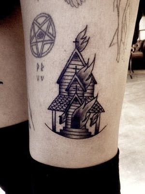 20 Controversial Burning Church Tattoos!! | Tattoodo Church Tattoo, Burning Church, Satanic Tattoos, Religious Imagery, Stave Church, Elements Tattoo, Fire Tattoo, Metal Tattoo, Spooky Tattoos