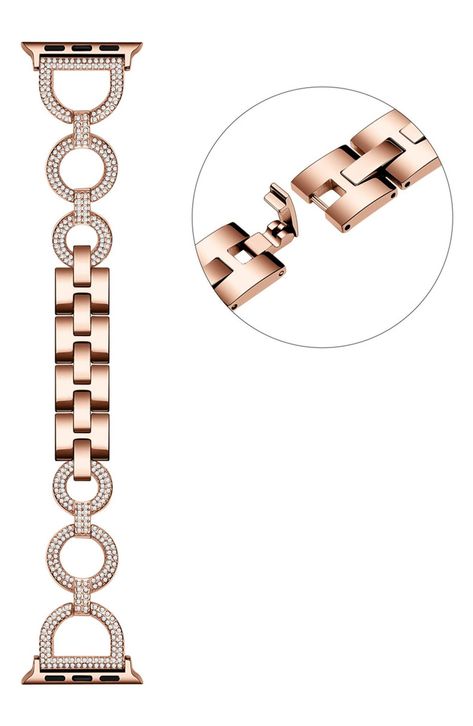 Sparkling crystals add unmistakable elegance to this goldtone bracelet watchband. To resize, remove tool-free stainless-steel links by lifting clasps for sizing. Apple Watch not included Compatible with Series 1–7 Apple Watch and Apple Watch SE Clasp closure Rose gold IP stainless steel, crystal Imported Watch Clasp, Rose Gold Watches Women, Chain Lock, Apple Watch Se, High Jewelry Ring, Art Jewelry Design, Gold Watches Women, Pearl Jewels, Gold Mangalsutra Designs