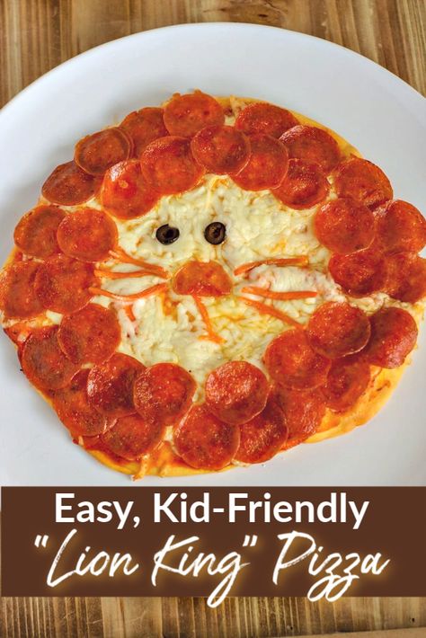 This easy idea for a "Lion King" themed pizza will be a family-friendly hit. Your kids will have a great time helping create it! The Lion King Dinner Ideas, Lion Food Ideas, Lion Snacks For Kids, Animal Themed Snacks For Kids, Lion King Theme Food Ideas, Lion Themed Food, Lion King Dinner Ideas, Lion King Movie Night Food, Lion King Dinner And A Movie