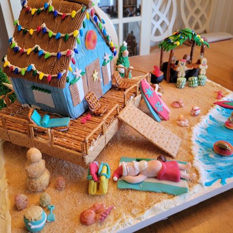 Tiki Gingerbread House Ideas, Donut Shop Gingerbread House, Ocean Gingerbread House, Ginger Bread Beach House, Tiki Gingerbread House, Gingerbread Lake House, Theme Gingerbread House Ideas, Clever Gingerbread House Ideas, Coastal Gingerbread House