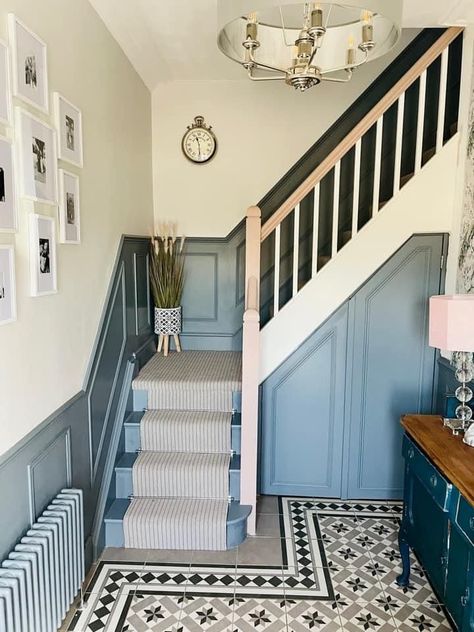 Blue Woodwork Hallway, Blue Stair Panelling, Blue Panelling Hallway, Teal Staircase, Stairwell Paneling, Blue Bannister, Blue Hallway Ideas, Hallway 2023, Victorian Terrace Hallway