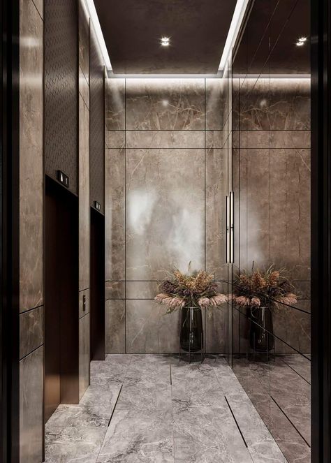 The lobby design of the Stanford residen|Visualization Lift Lobby Design Residential, Lift Wall Cladding Design, Lobby Design Residential, Residential Lobby Design, Lift Wall, Lift Lobby Design, Wall Cladding Designs, Lobby Designs, Residential Lobby