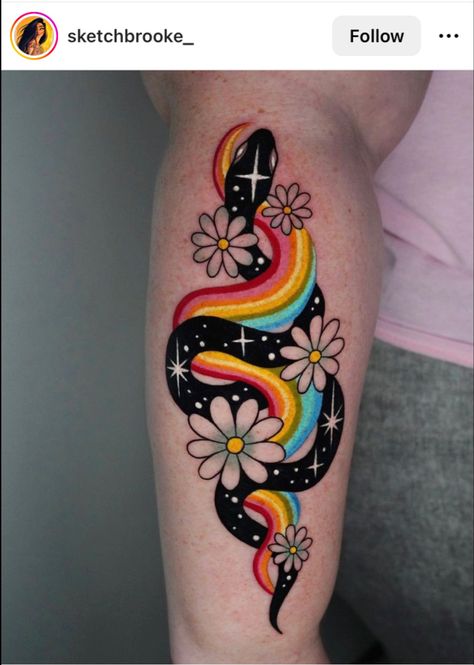 3 Color Rainbow, Snake Cute Tattoo, Colored In Tattoos, New School Style Tattoo, Unique Rainbow Tattoo, Vibrant Color Tattoos, Colorful Ankle Tattoos For Women, Rainbow Snake Tattoo, Love Inspired Tattoos