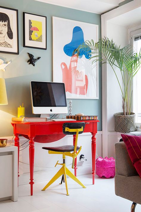 How to Organize Your Office: 20 Clever Ideas | StyleCaster Mehndi Kids, Colorful Home Office, Yellow Office Chair, Burgundy Room, Home Office Decor For Women, Breakfast Bar Chairs, Yellow Office, Red Desk, Designs Mehndi