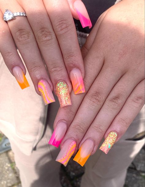 Orange Square Acrylic Nails, Acrylic Nails Marble, Acrylic Nails Neon, Bright Acrylic Nails, Nail Art French, Orange Acrylic Nails, Disney Acrylic Nails, Bright Nail Designs, Holiday Acrylic Nails