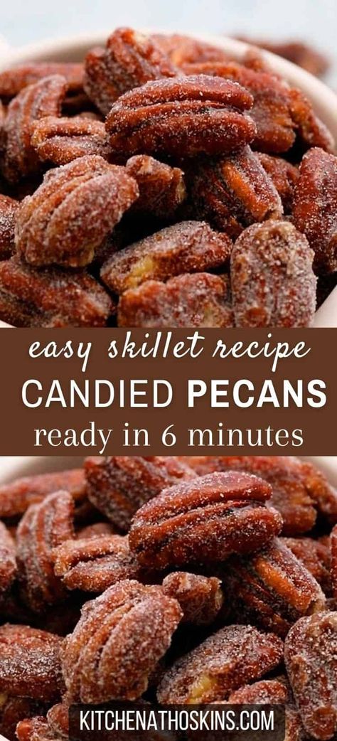 Learn how to make quick candied pecans on the stovetop without eggs, in 6 minutes and can be easily made vegan by replacing butter with coconut oil. These easy candied nuts are perfect for packaging as a homemade Christmas gift for the holidays or even as wedding favors. Get the candied pecans recipe at kitchenathoskins.com. Vegan Candied Pecans, Stovetop Candied Pecans, Candied Pecans Easy, Easy Candied Pecans, Roasted Pecans Recipe, Candied Nuts Recipe, Pecan Recipes Easy, Candied Pecans Recipe, Homemade Christmas Gift