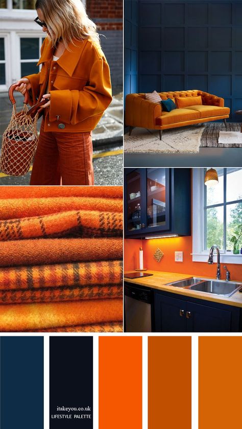 12 home color palettes - Dark Blue and orange colour combos - the perfect autumn colour palette #orange #color #colors #colorcombos #autumn #homedecor Navy Blue And Orange Color Scheme, Dark Grey And Orange Bedroom, Blue Orange Gold Color Palette, Orange And Blue Walls, Dark Wood Color Combination, Blue Orange Decor, Dark Blue And Orange Living Room, Navy Orange Color Palette, Colours That Go With Orange