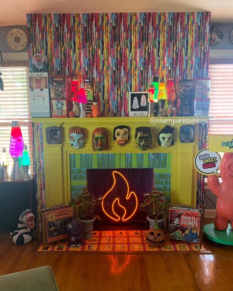 CherryWinksVintageCo🍒 | New fireplace. I.FREAKING.LUVVV.ITTT! 💜💚🔥 And that’s Milo being a good boi 🐶 . .. … #maximalist #maximalism #mantledecor #lavalamps… | Instagram Maximalist Tv Wall, Maximalist Fireplace, Moody Maximalism, Rainbow Goth, Business Room, Living Room College, Colorful Maximalist, Eclectic Maximalism, Dallas House