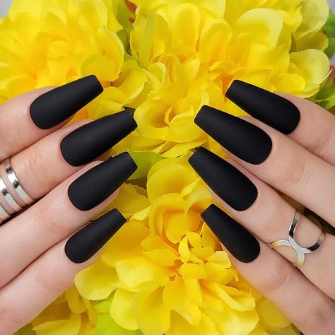 Black Matte Coffin, Press On Nails With Glue, Long Black Nails, Kiss Goodbye, At Home Manicure, Coffin Nails Matte, Home Manicure, Gothic Nails, Coffin Press On Nails